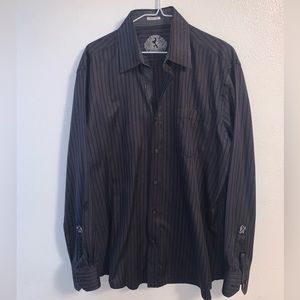 READ Black Bugatchi Shaped Fit Long Sleeve Dress Shirt Pinstripe Size Large